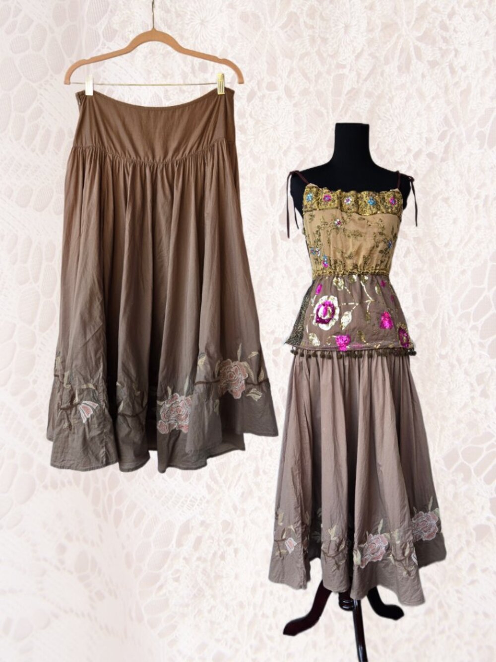 a.n.a Embroidered Rose Boho Tiered Maxi Grunge Cottage Flared Skirt Size 10